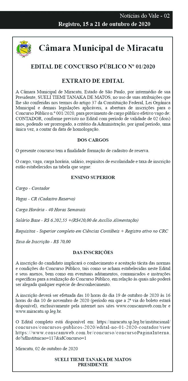 CÂMARA MUNICIPAL DE MIRACATU/SP - EDITAL DE CONCURSO PÚBLICO Nº 01/2020 - EXTRATO DE EDITAL