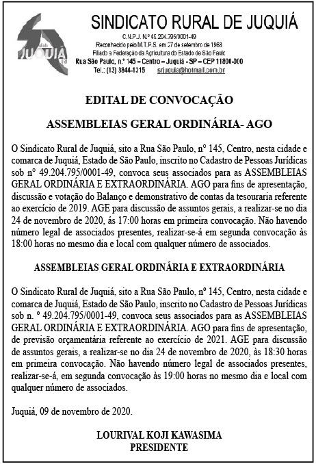 SINDICATO RURAL DE JUQUIÁ - EDITAL DE CONVOCAÇÃO