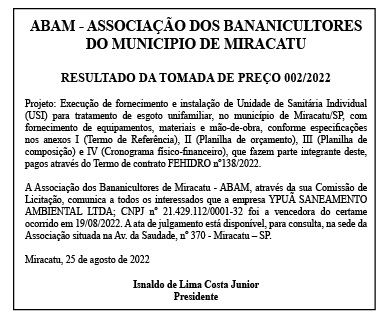 ABAM – ASSOCIAÇÃO DOS BANANICULTORES DO MUNICIPIO DE MIRACATU