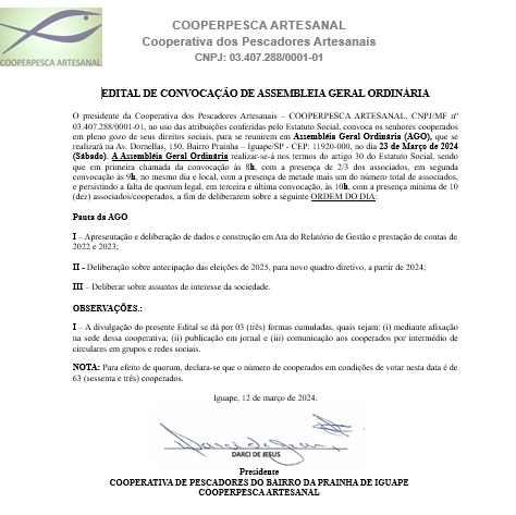 NOTA DO EDITAL DE CONVOCAÇÃO DA ASSEMBLÉIA GERAL ORDINÁRIA DA COOPERATIVA  INDÍGENA SANGRADOURO E VOLTA GRANDE – Prefeitura Municipal de Poxoréu