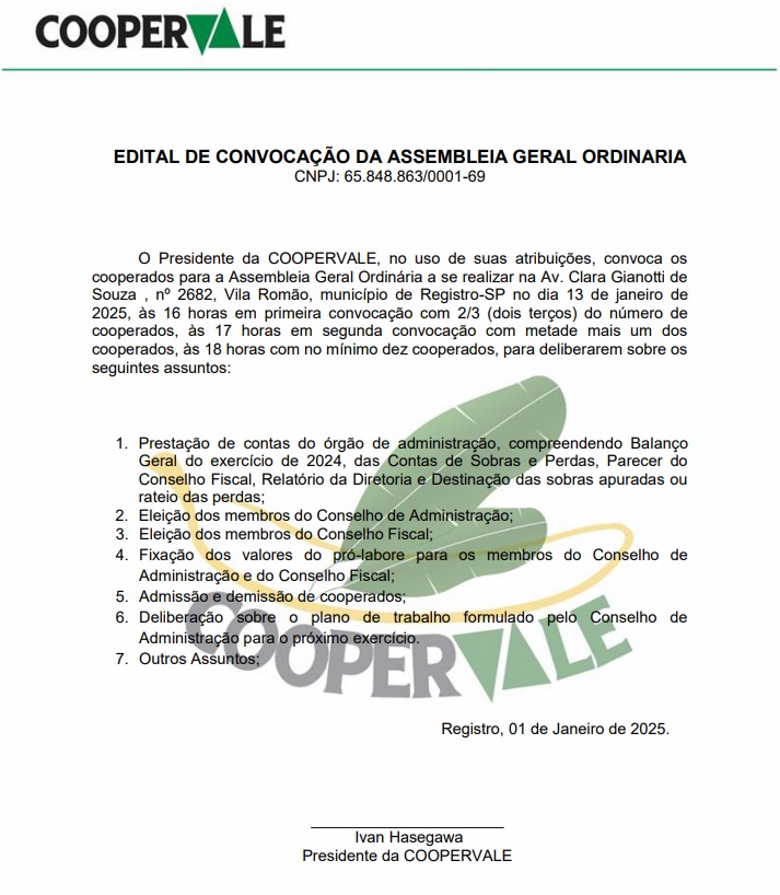 COOPERVALE – CNPJ: 65.848.863/0001-69 – EDITAL DE CONVOCAÇÃO DA ASSEMBLEIA GERAL ORDINARIA